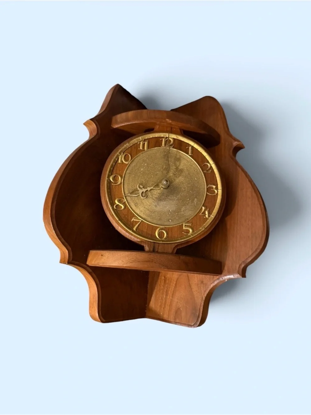 Vintage~Wood Wall Corner Clock~Analog~Gold Tone Face~Mid-Century Modern